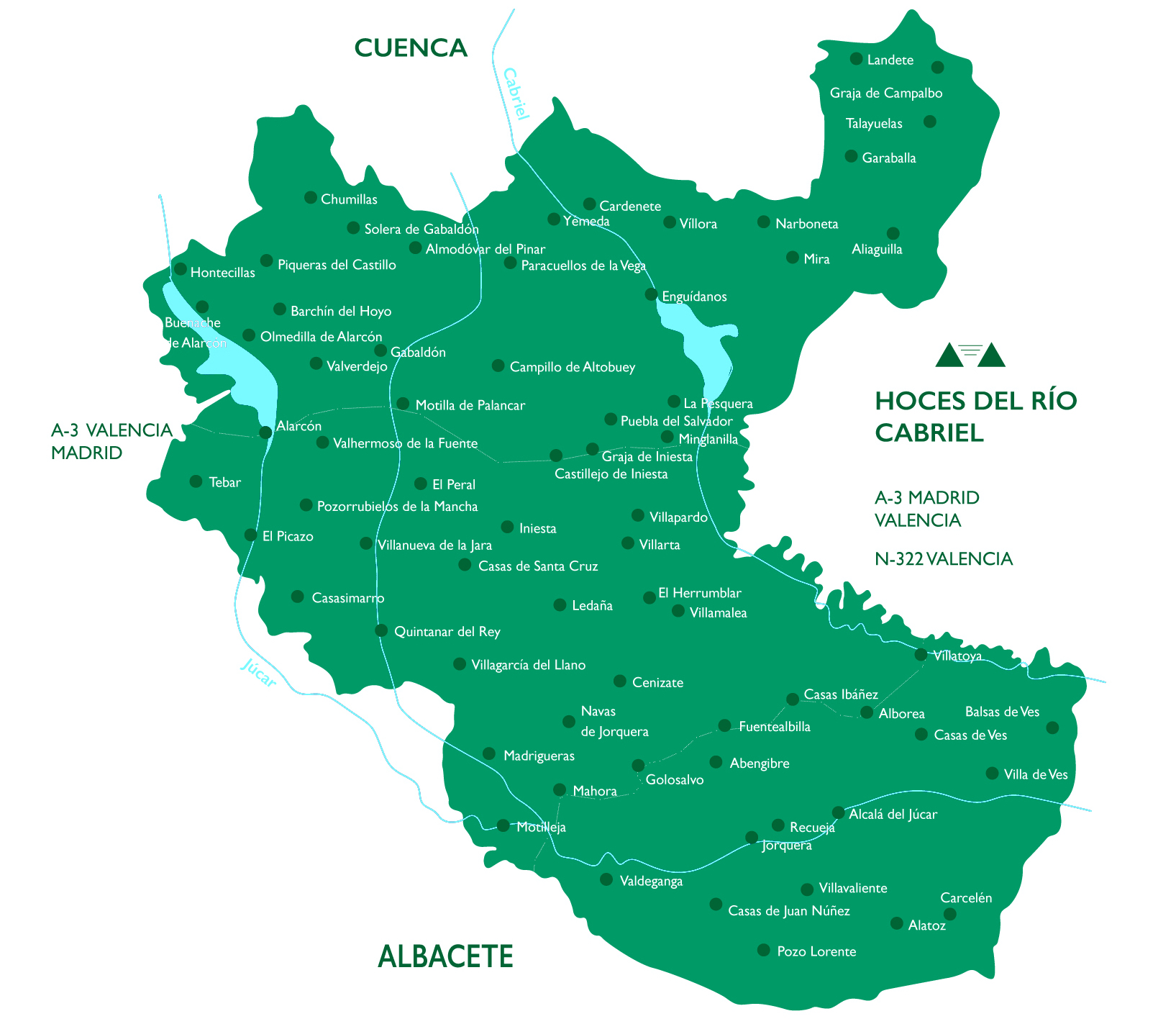 Ubicación de los viñedos de la DO Manchuela – Mapa de la manchuela detallando los rios Jucar y Gabriel